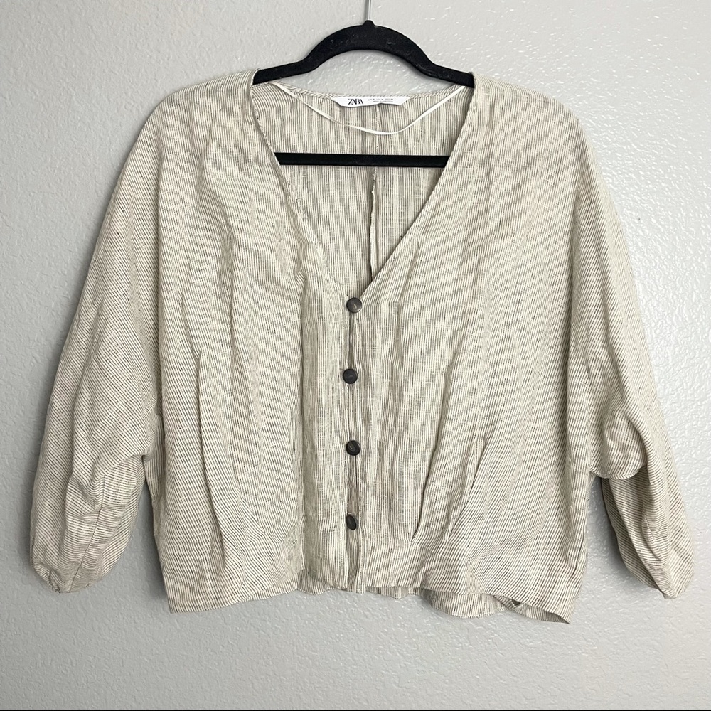 Zara Linen Puff Sleeve Pinstripe Button Down Blouse